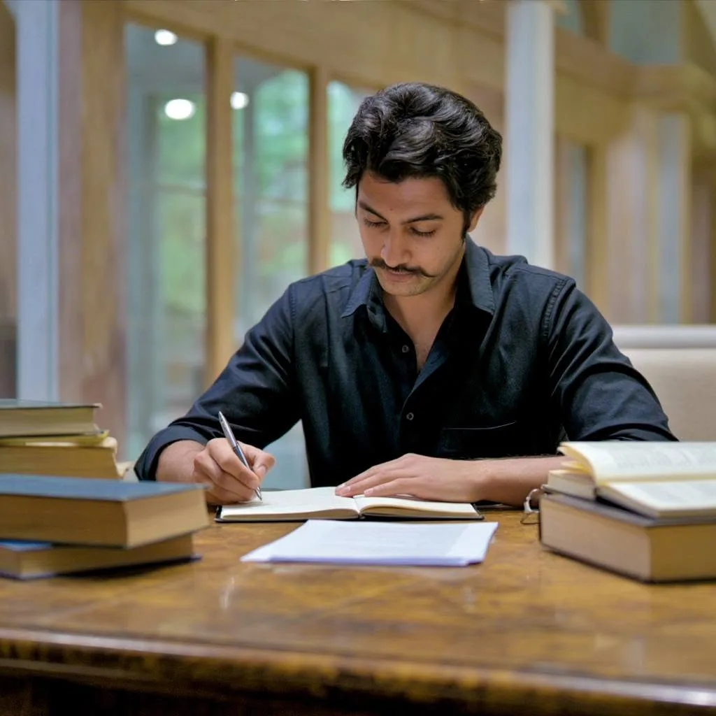 Mir Ahadul Islam writing in a notebook at a wooden desk stacked with books