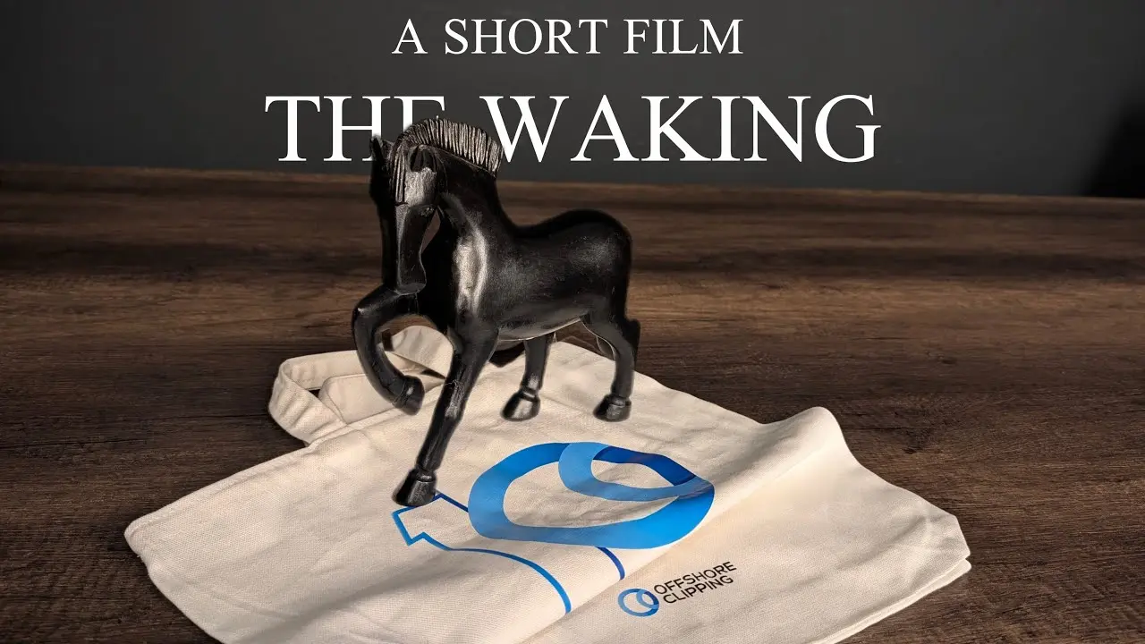 The Walking, a horror art film by Mir Ahadul Islam: a black carved horse standing on an Offshore Clipping tote bag